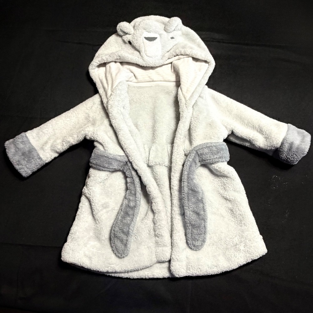 Cloud Island Baby Bear Hooded Robe Grey Plush Fleece 6-9M EUC No Stains Giftable